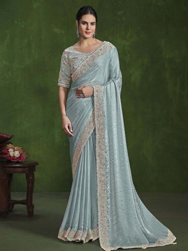 Light Sky Blue Two Tone Satin Silk Saree With Stitched Blouse